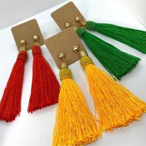 Long Silk Tassel Earrings Set of Three Red Green Yellow